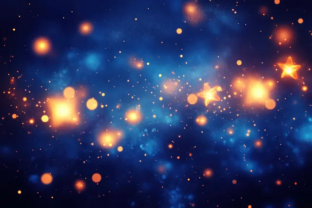 Glowing golden stars and bokeh lights scatter across a deep blue cosmic background.