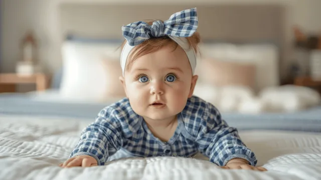Baby girl in blue plaid romper and headband crawling on a bed, soft bedroom light