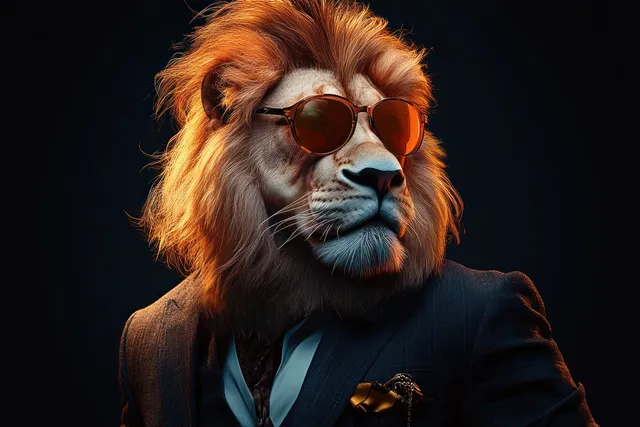 A lion wearing a dark suit and round sunglasses poses in a moody studio with dramatic lighting.