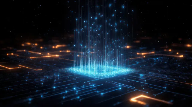 A dark futuristic digital network spans outward with glowing blue lines, floating nodes, and a central light beam.
