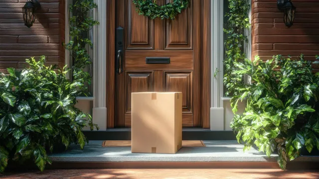 A cardboard delivery box rests on a doorstep in front of a wooden front door, surrounded by green plants.