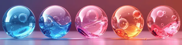Iridescent gradient glass spheres with bubbles floating on dark background, vector-style reflections