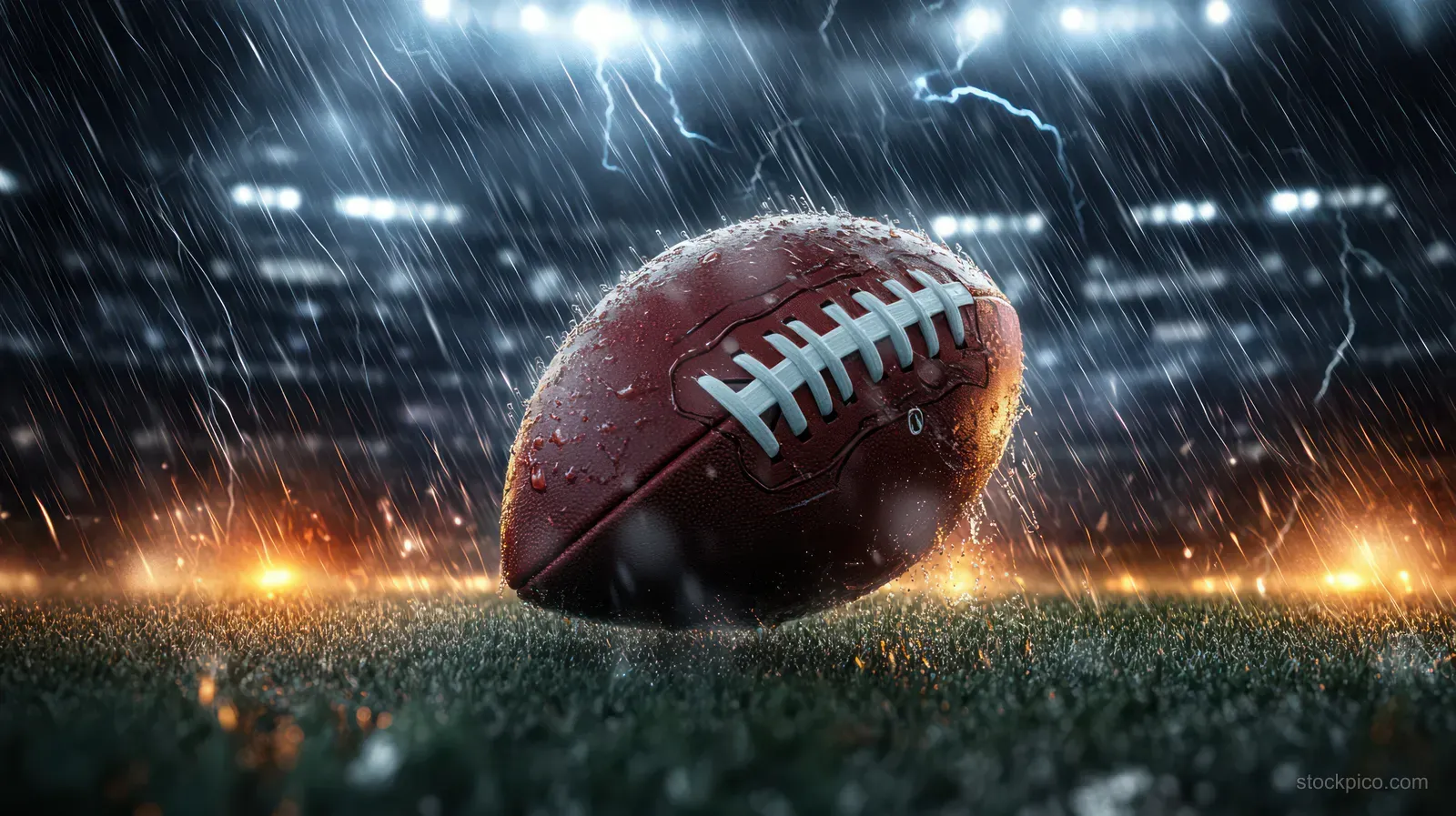 A wet American football on rain-soaked grass under stadium lights with lightning in the background.
