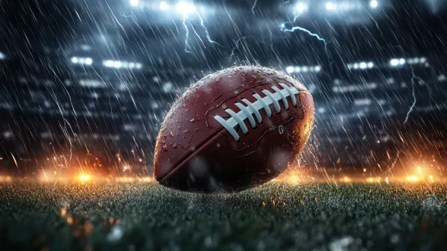 A wet American football on rain-soaked grass under stadium lights with lightning in the background.