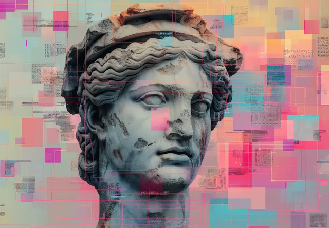 Ancient Greek marble head rendered in glitch art with pixel blocks and pastel cyberpunk haze