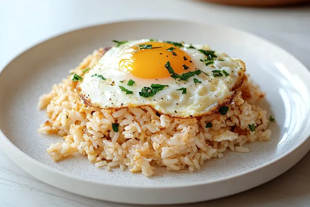 Sunny side up egg on seasoned rice with herbs on white plate