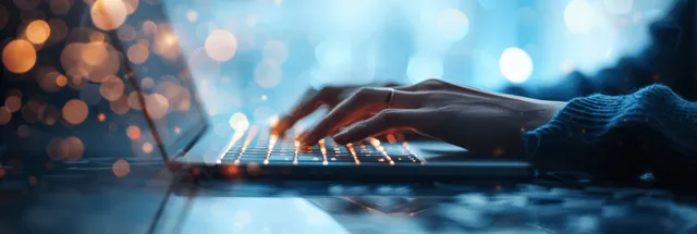 Woman’s hands typing on a laptop keyboard at an office desk with blurred warm lights in the background.