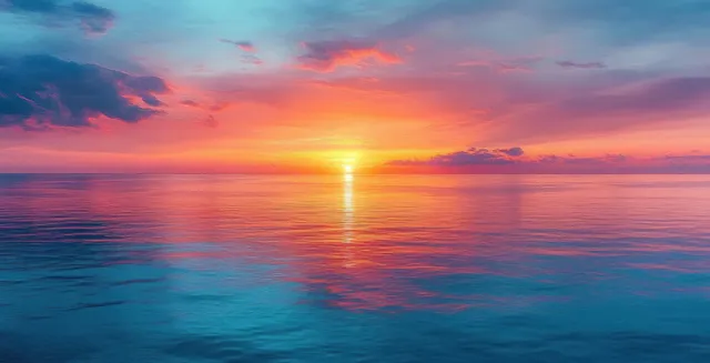 Orange and pink sunset sky reflected on calm blue ocean water beneath scattered clouds.