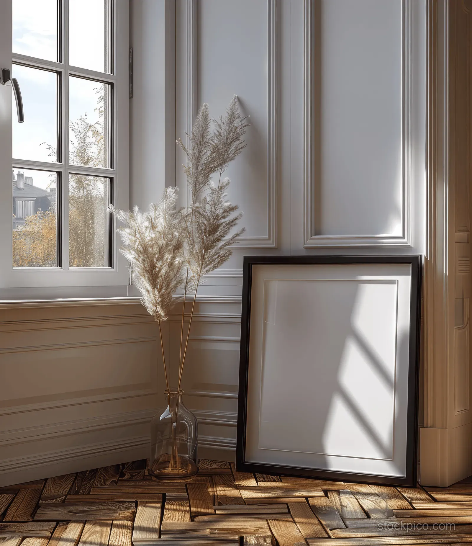 Black A4 frame mockup leaning on a parquet floor beside a light gray paneled wall with window light reflections.