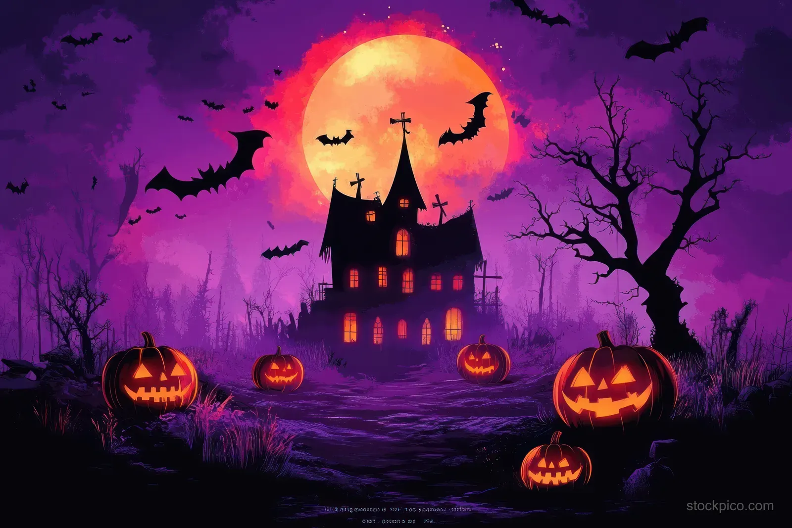 Haunted house glows under a full moon as bats fly past jack-o-lantern pumpkins and eerie leafless trees in violet fog.