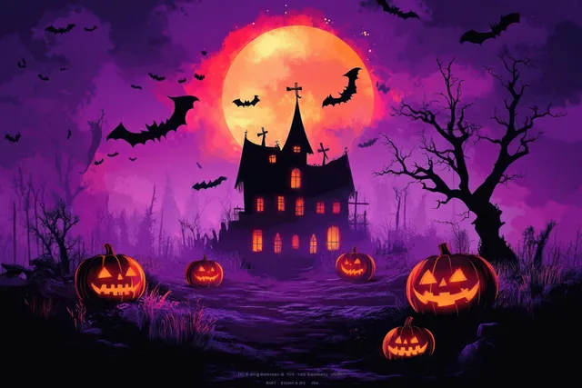 Haunted house glows under a full moon as bats fly past jack-o-lantern pumpkins and eerie leafless trees in violet fog.