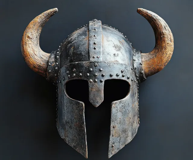 Front view of a worn medieval iron helmet with rivets and curved wooden horns, isolated on a dark background.