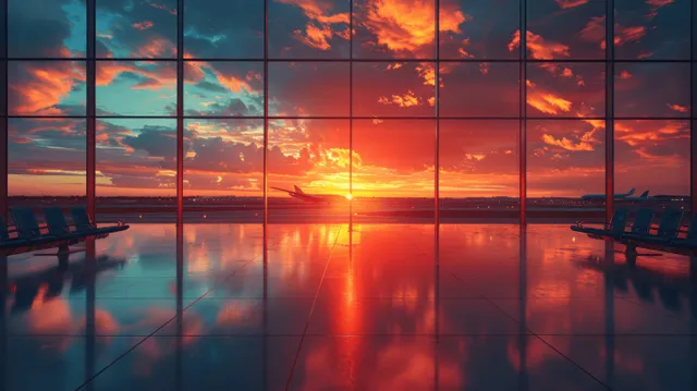 Airport terminal windows overlook airplanes and a glowing sunset above the runway.
