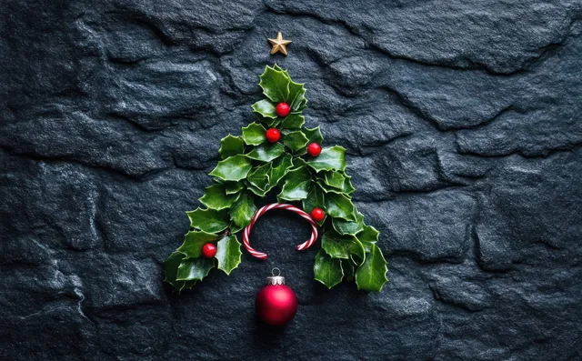 Whimsical Christmas tree made of pine sprigs with red ornaments on dark stone wall