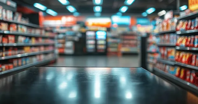 Empty black checkout counter in a brightly lit grocery store with blurred snack aisles and colorful packaging.