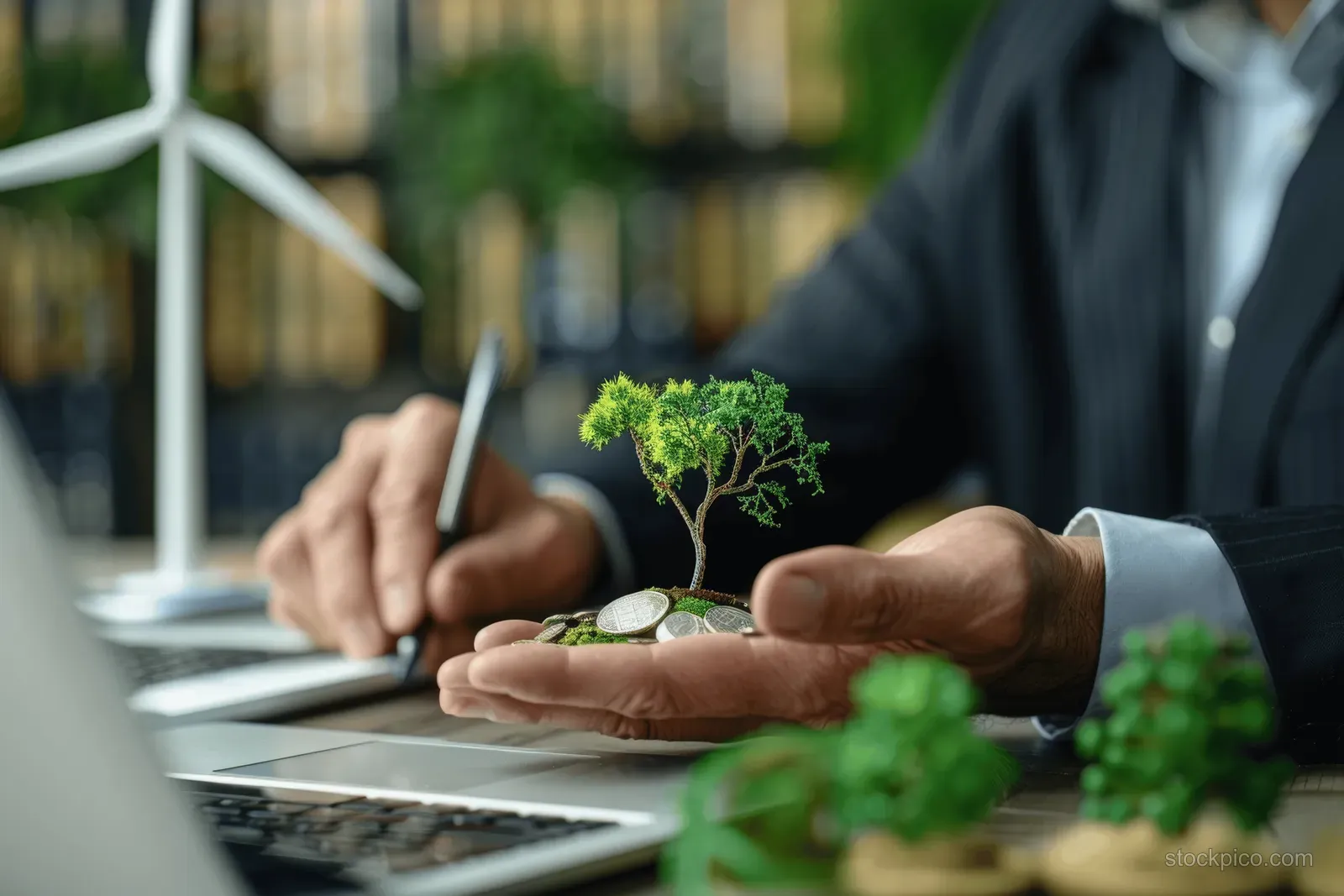 A businessman holds a small tree seedling near a laptop with a wind turbine visible in the office background.