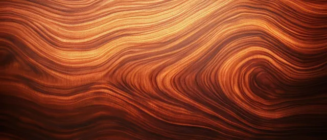 Close-up of swirling exotic hardwood grain with warm amber-brown varnished layers across a wooden panel surface.