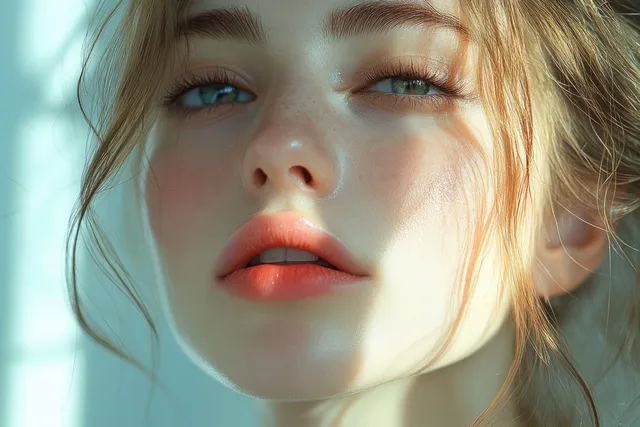 Close-up portrait of a woman with glowing skin, soft natural light, and a minimalist background emphasizing elegance.
