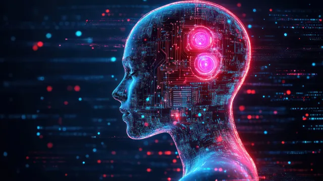 Futuristic robot head in profile with neon circuitry glow and data sparks