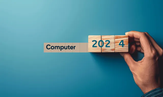 A hand moves numbered blocks from 2024 to 2025 next to a progress bar on a teal background.