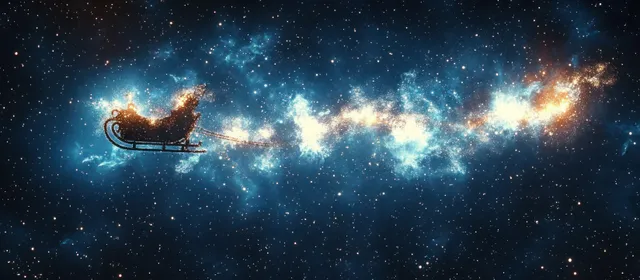 Santa sleigh pulled by reindeer flies across a starry night sky with glowing light trails.