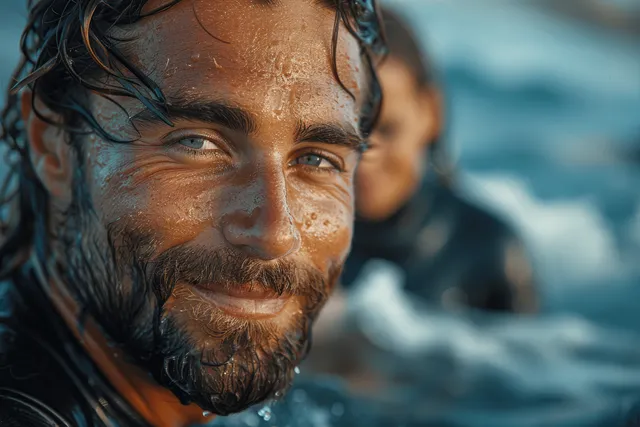 A bearded man surfer smiles at the camera with seawater splashing and waves in the background.