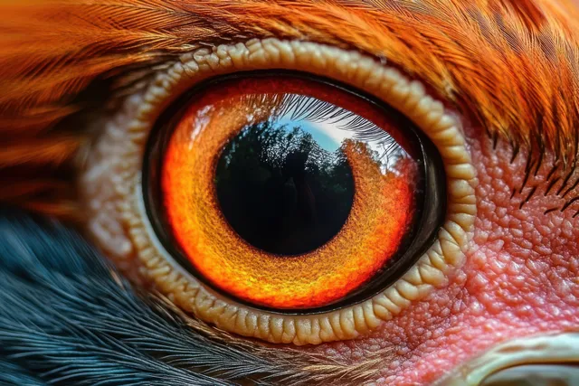 Macro close-up of a chicken eye with vivid orange iris and feather texture in dramatic light with Farm Animals
