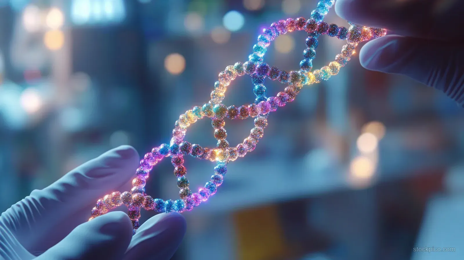 Gloved hands present a glowing colorful DNA double helix model in a science laboratory with blurred equipment behind.