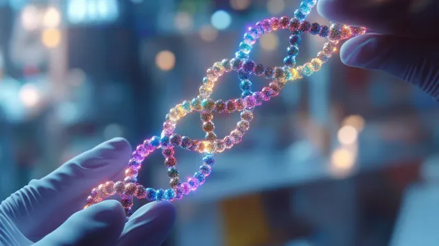 Gloved hands present a glowing colorful DNA double helix model in a science laboratory with blurred equipment behind.
