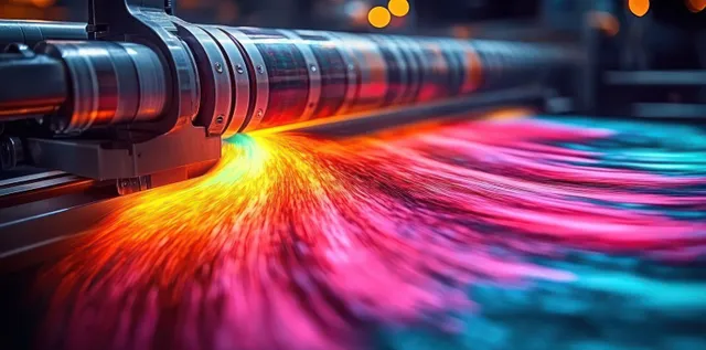 Industrial printer head and rollers create neon pink, orange, and blue color streaks in motion blur.