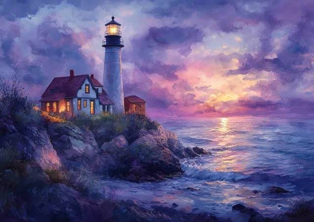 A glowing lighthouse on a rocky coast at twilight with waves and a purple starry sky.