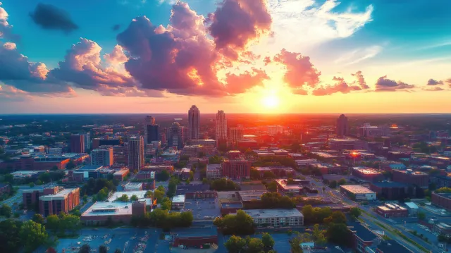 Aerial downtown Greensboro skyline at golden hour with warm sun over city blocks
