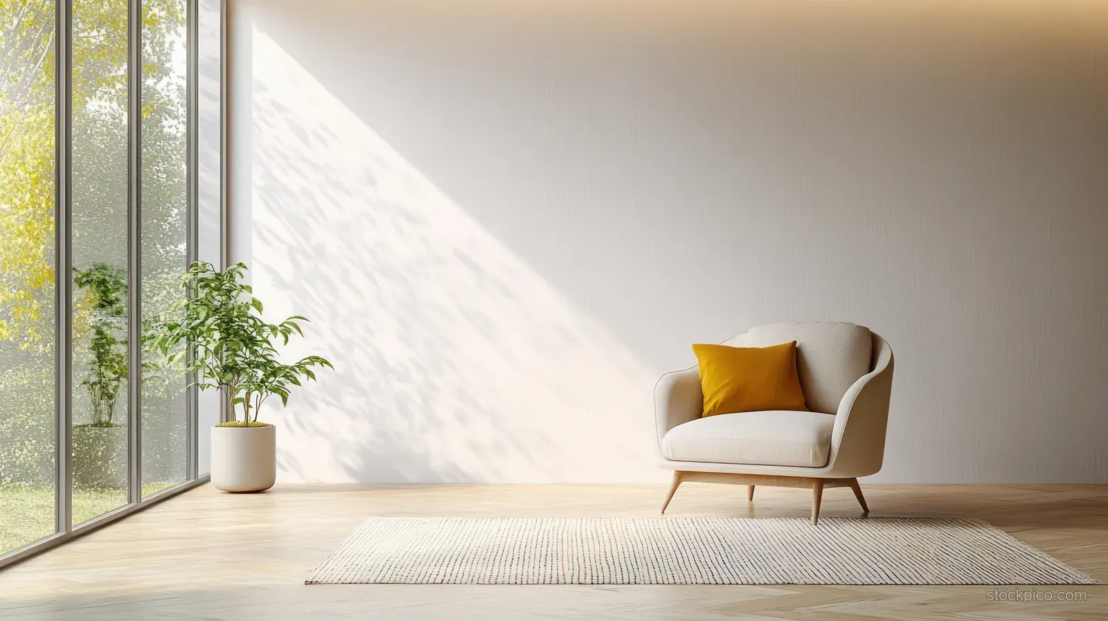 Beige armchair with yellow pillows sits beside a subtle rug in a bright Scandinavian living room with wooden floors.