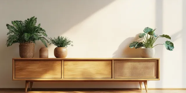 Light wood sideboard in a bright room topped with potted plants against a white wall.