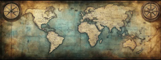 Antique world map banner with compass roses in corners and weathered parchment texture