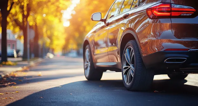 Close-up of a luxury SUV on a sunlit city street with glowing bokeh trees in the background.
