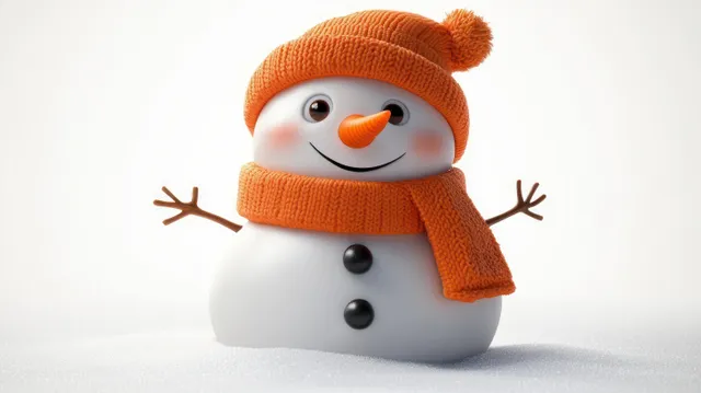Smiling snowman wearing an orange knitted hat and scarf, standing on snow with twig arms.