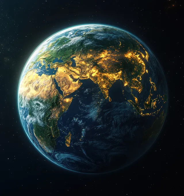 Moonlit 3D Earth globe showing Europe and Africa with glowing city lights