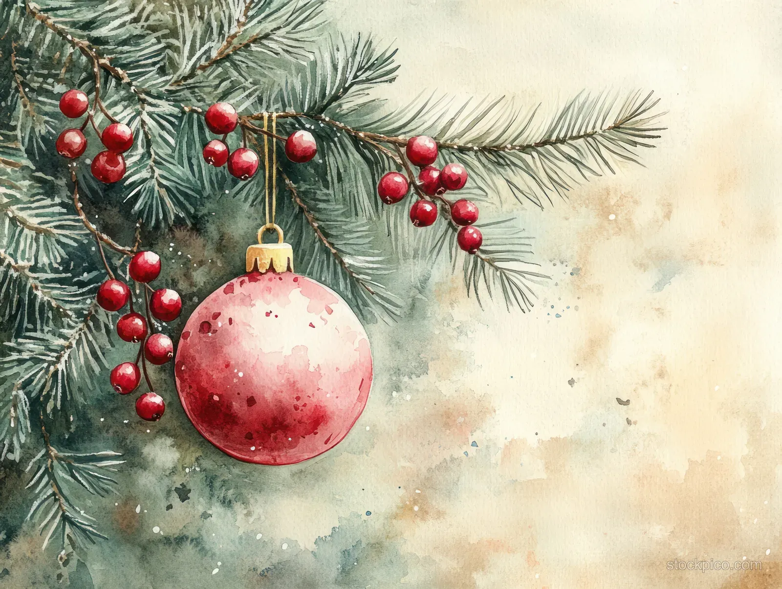 Watercolor pine branches with red berry clusters and a hanging red ornament against a soft snowy mist background.