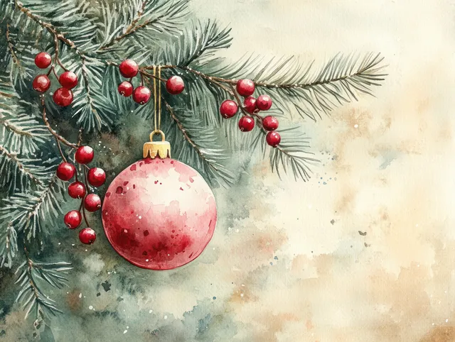 Watercolor pine branches with red berry clusters and a hanging ornament against snowy mist