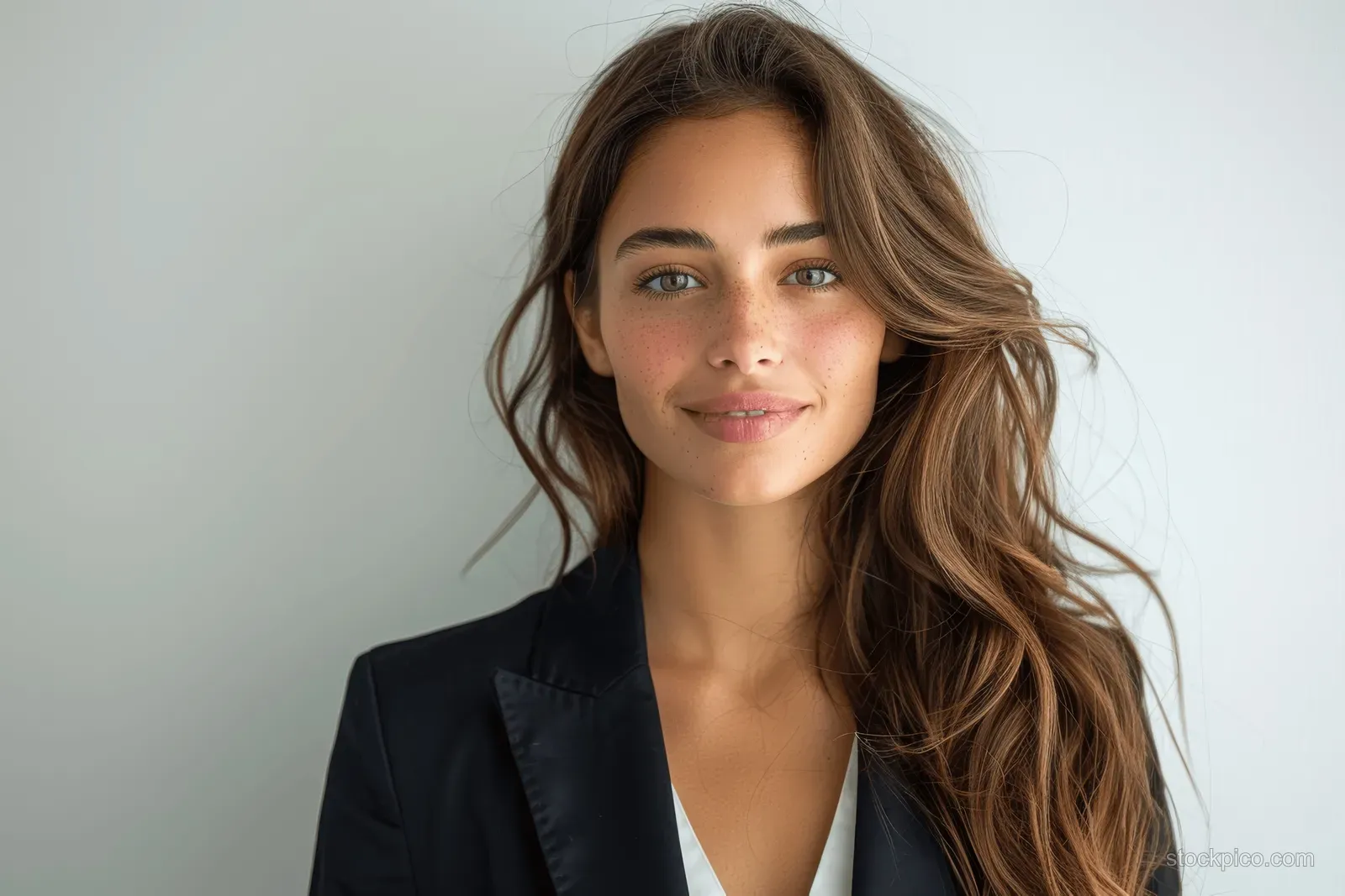 Businesswoman in a dark blazer smiling toward the camera in a studio portrait against a plain white background.