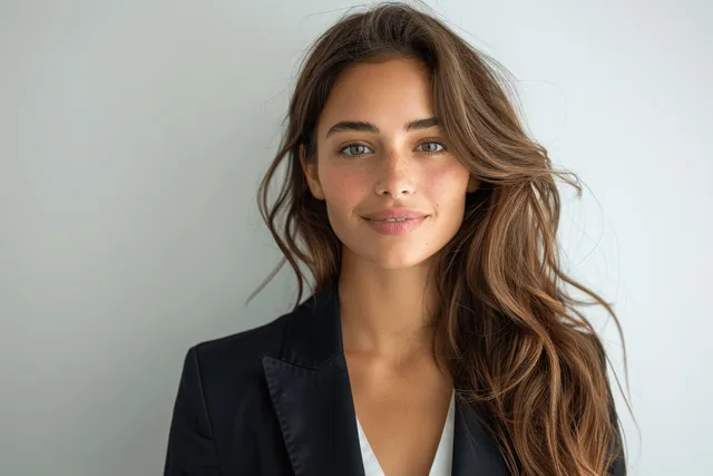 Businesswoman in blazer smiling at camera during studio portrait on clean white backdrop