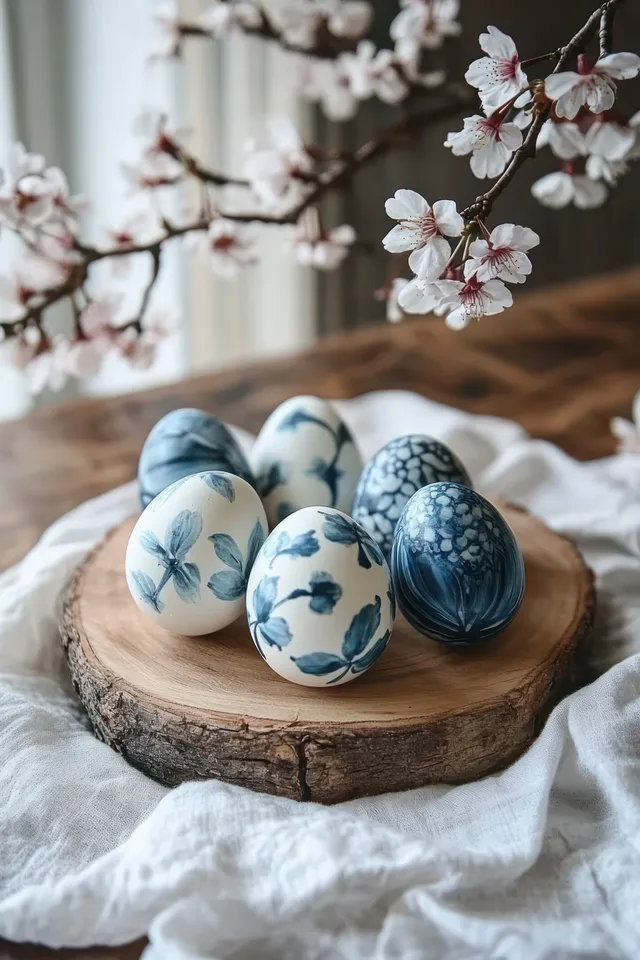 Blue and white decorated Easter eggs rest on a wooden slice with a flowering branch behind them.