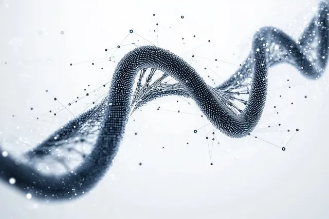 Futuristic DNA helix wireframe rising from soft mist with floating nodes and connection lines