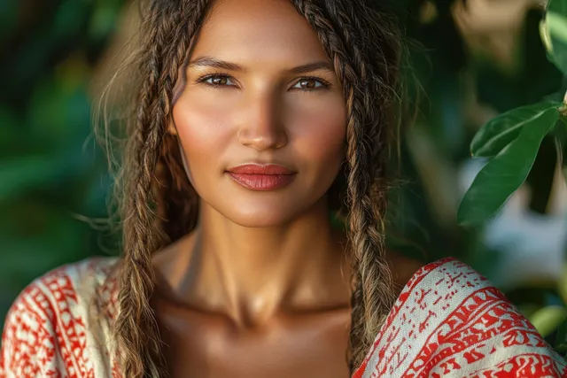African woman with braided hair and patterned shawl outdoors under leafy golden light
