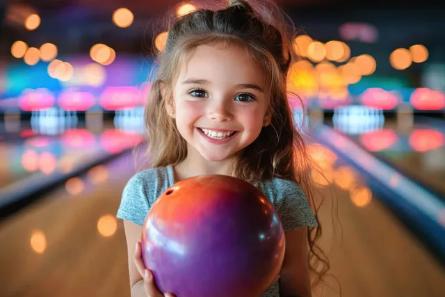 Smiling young girl holds a colorful bowling ball in an indoor bowling alley with blurred glowing lights behind her.