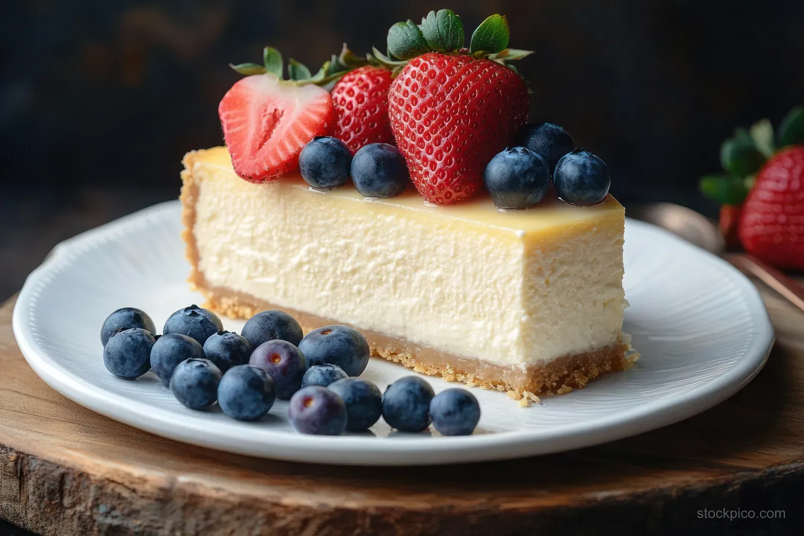Creamy cheesecake slice on a white plate topped with strawberries and blueberries with extra berries beside it.