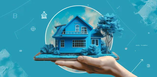 A hand holds a smartphone showing a blue house property dashboard on a turquoise abstract background.
