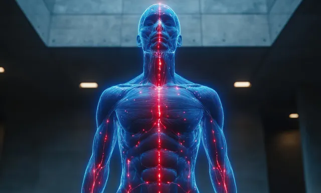 Futuristic glowing 3D figure shows the ribcage and spine in blue and red light.