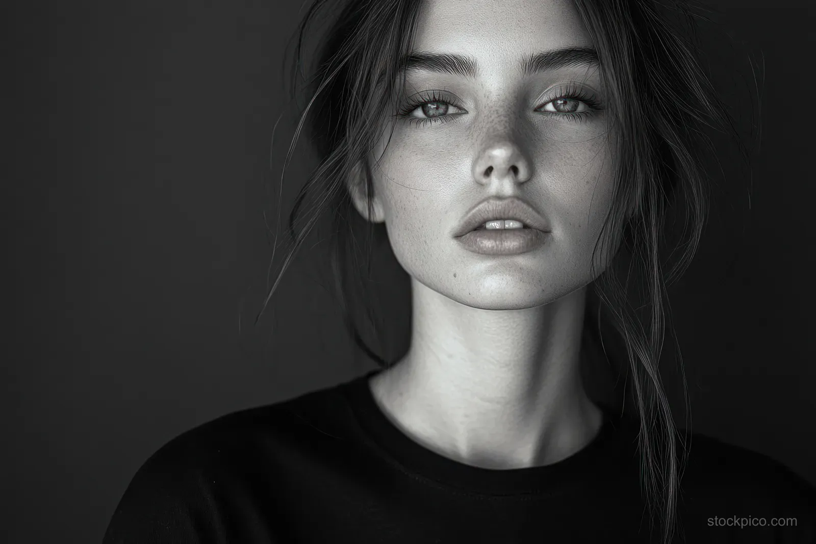 Model wearing a black short-sleeve button-down shirt against a dark minimalist backdrop with soft facial lighting.